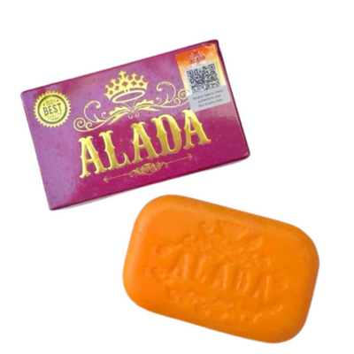 Orange bar of soap with 'ALADA' branding next to its packaging on a white background
