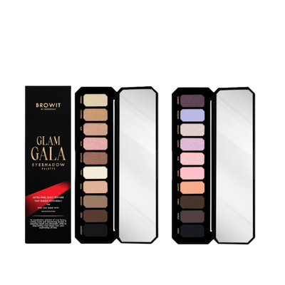 Glam Gala eyeshadow palette with open cases showing color swatches Display