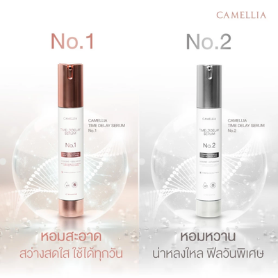 Two skincare serum bottles labeled 'No.1' and 'No.2' with a brand name 'Camellia' on a light background.