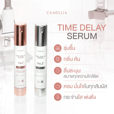 Camellia Time Delay Serum with product packaging and features on a white background in 2 Formulas