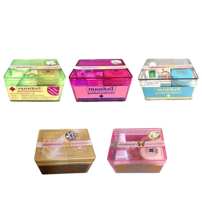 Dr. Yanhee facial set with different colored boxes for various skincare needs on a white background.