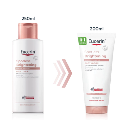 Two Eucerin Spotless Brightening body lotion containers on a white background: a 250ml white bottle with a rose gold cap on the left, and a 200ml white squeeze tube with a rose gold cap on the right, with pink double-chevron arrows between them.