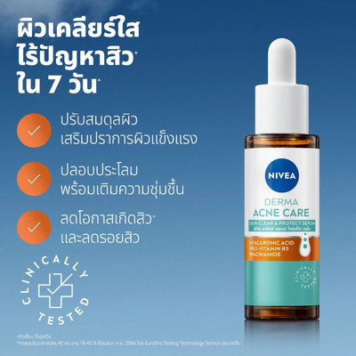 Close-up NIVEA Acne Serum amber bottle with white dropper