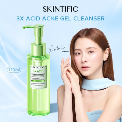 SKINTIFIC 3X Acid Acne Gel Cleanser bottle display with a model