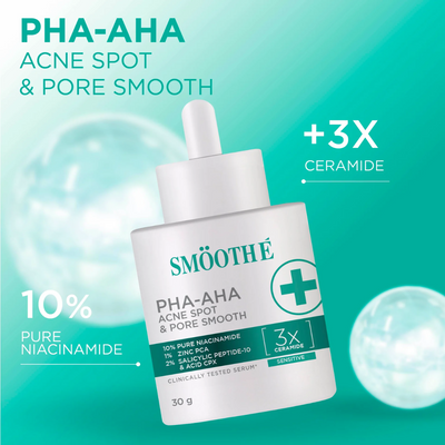 Smooth E PHA-AHA Acne Spot and Pore Smooth Serum Bottle on a teal background