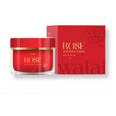 Red jar and box of Rose Whitening Cream with 'walai' branding on a white background