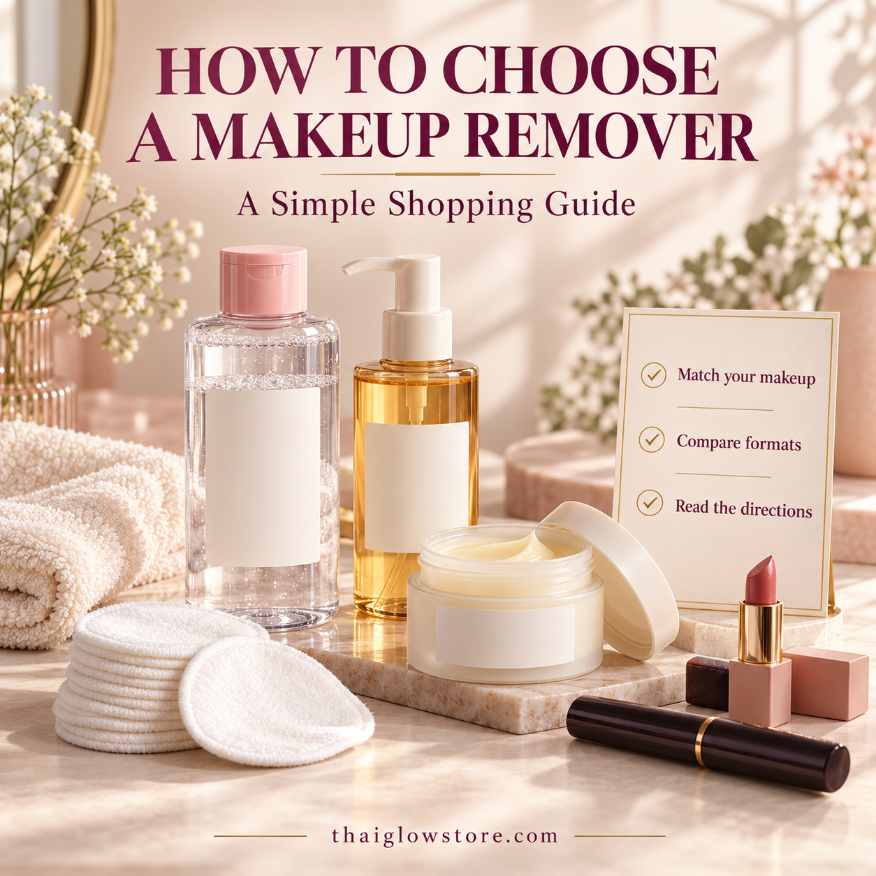 Illustrated makeup remover shopping guide featuring cleansing bottles, a balm jar, cotton pads and a three-point checklist.