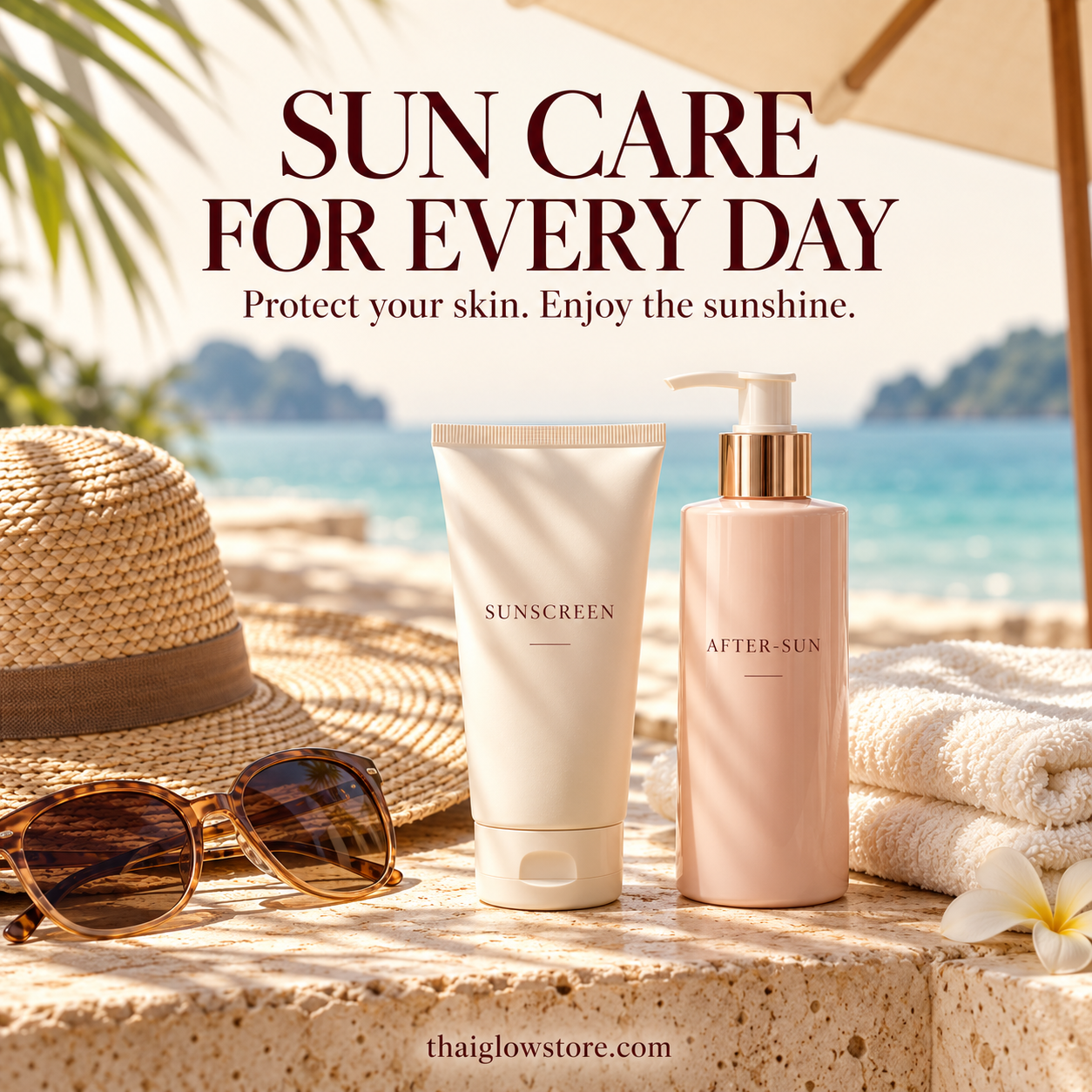 Sunscreen and after-sun bottles beside a sun hat, sunglasses and towels overlooking a tropical beach.