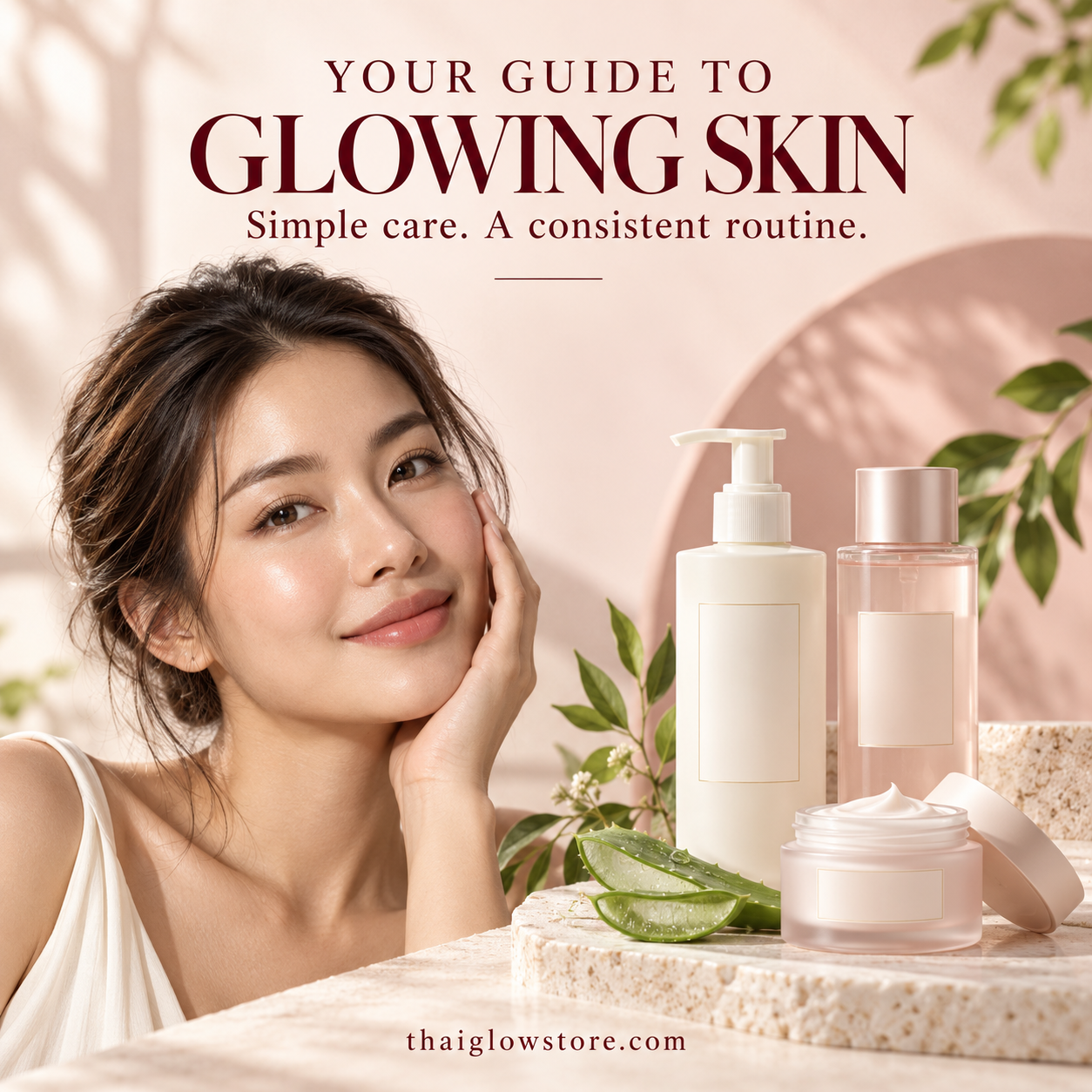 Woman touching her cheek beside skincare bottles, moisturizer and aloe leaves against a soft blush background.