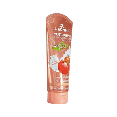 Close-up of A Bonne Tomato Milk Shower Scrub tube