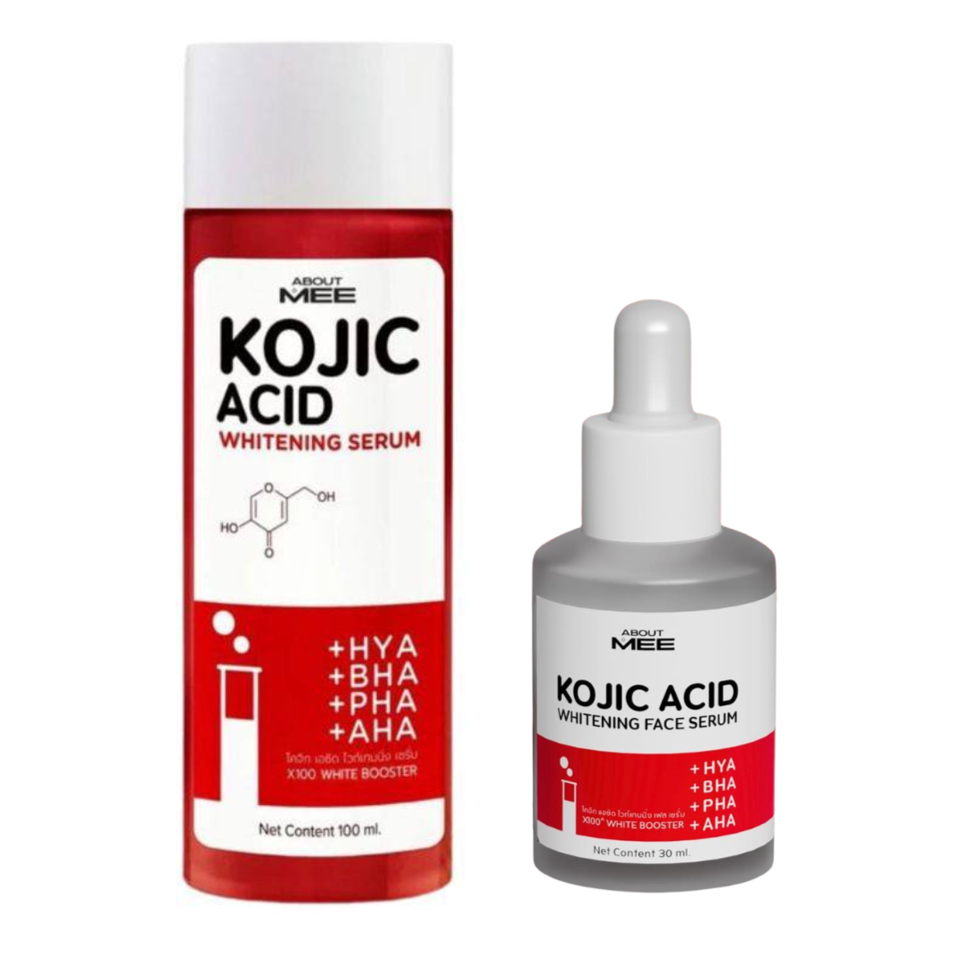 About Mee Kojic Acid Whitening Serum packaging and bottle on a white background
