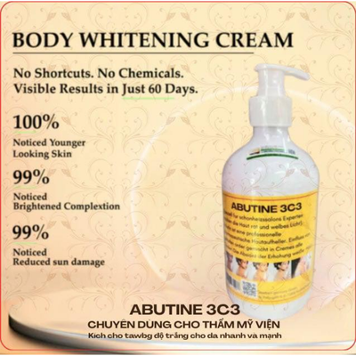 Abutine 3C3 Body Brightening and Whitening cream with pump dispenser on a beige background, featuring text about visible results.