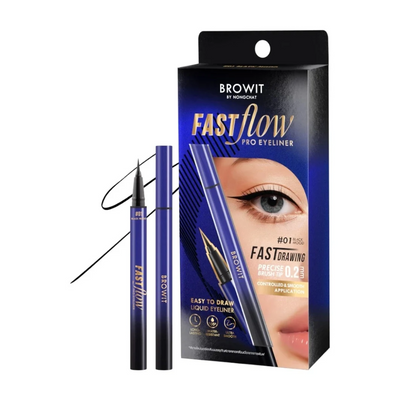 BROWIT by Moncler Fastflow Pro Eyeliner in shade #01, shown with the retail box, two applicator pens, and a sample eyeliner line on a white background.