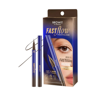 Browit Fastflow Pro Eyeliner in shade #02, showing the blue and brown liquid eyeliner pen alongside its retail packaging box on a white background.