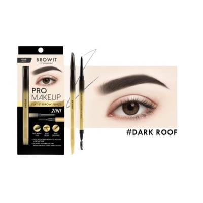 Browit Pro Makeup 2-in-1 Eyebrow Pencil in the shade Dark Roof, shown with its black and gold retail packaging, the bare pencil, and a close-up of a completed eyebrow on a white background.