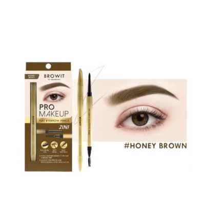 BROWIT Pro Makeup Flat Eyebrow Pencil in Honey Brown shade, shown with its retail packaging, the dual-ended pencil itself, and a close-up of a completed eyebrow on a white background.