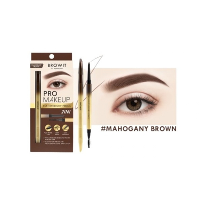 BROWIT Pro Makeup 2-in-1 Eyebrow Ink and Pencil set in Mahogany Brown, featuring the retail packaging, the dual-ended applicator tools, and a close-up of a browsed eye on a white background.