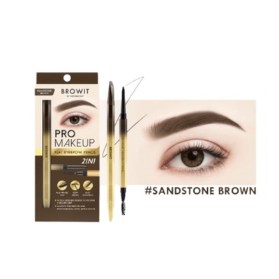 Browit Pro Makeup Sat Eyebrow Pencil in Sandstone Brown, showing the retail packaging, the dual-ended pencil, and a close-up of a completed eyebrow on a white background.