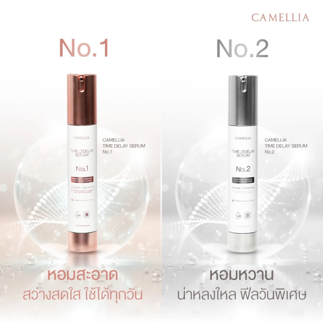 Two skincare serum bottles labeled 'No.1' and 'No.2' with a brand name 'Camellia' on a light background.