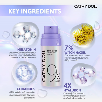 Cathy Doll Tox & Fill Melatonin Serum key ingredients infographic on a light lavender background, showing the purple pump bottle centered with melatonin, witch hazel, ceramides, and hyaluronic acid callouts around it.