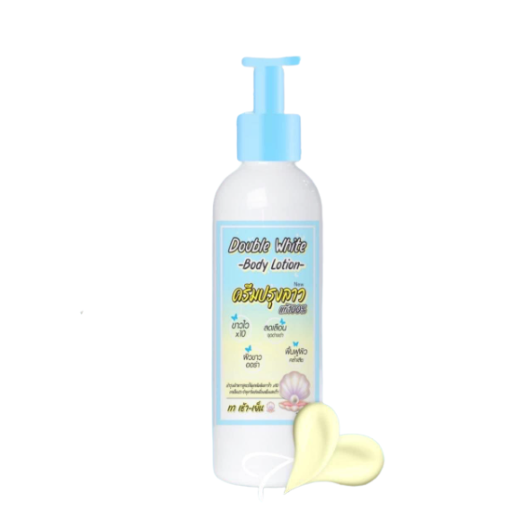 Double White Body lotion bottle with pump and small sample on a white background