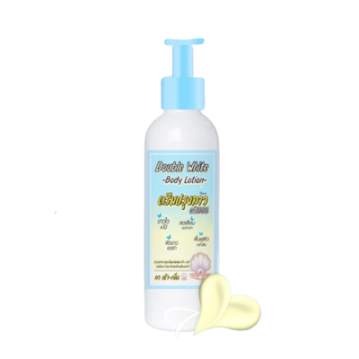 Double White Body lotion bottle with pump and small sample on a white background