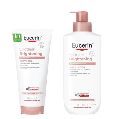 Eucerin Spotless Brightening Body Lotion set featuring a squeeze tube and a pump bottle on a plain white background.