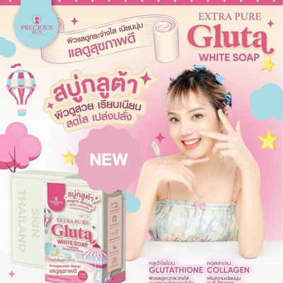 Advertisement for Extra Pure Gluta White Soap with a woman and product packaging on a pink background.