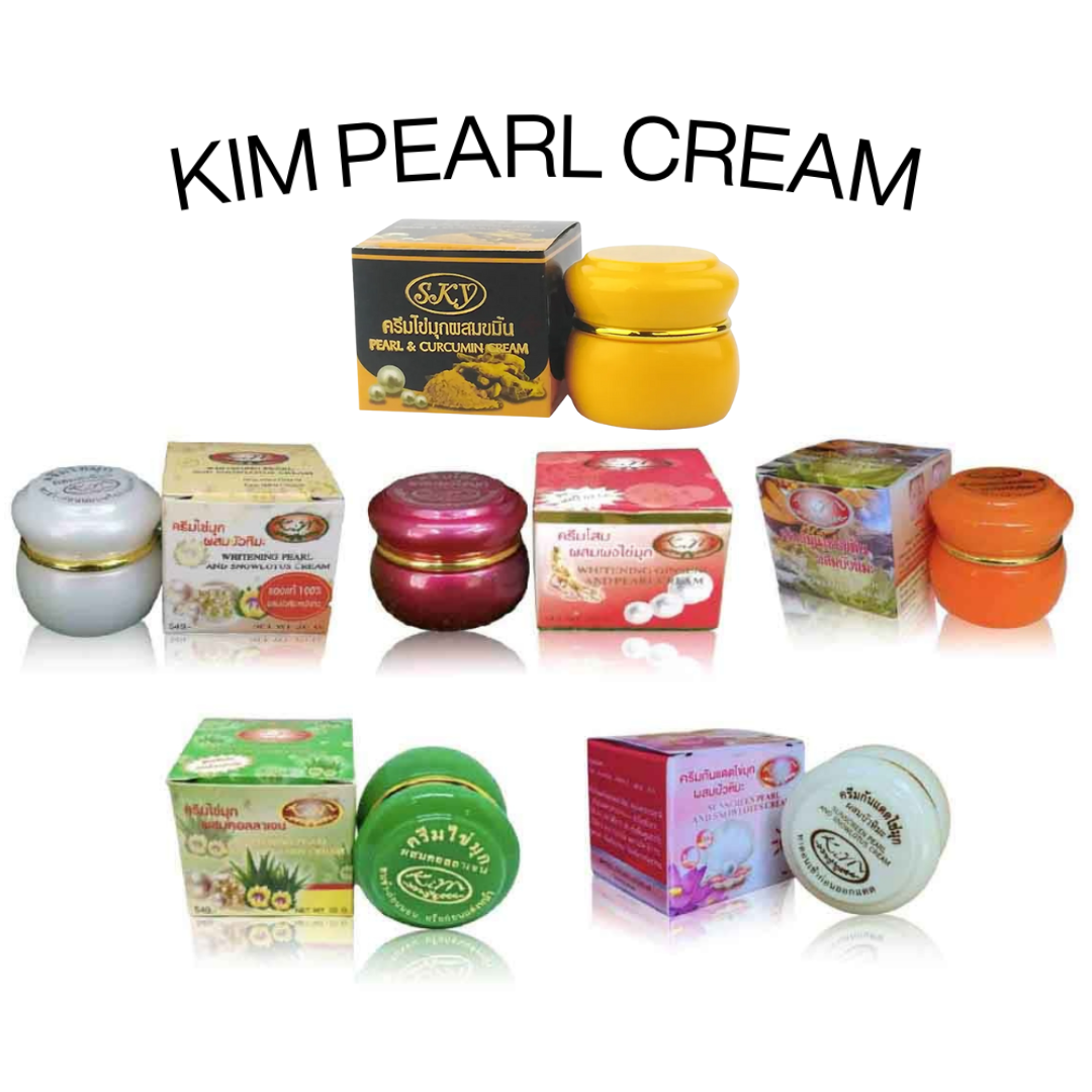 Collection of various jars and boxes labeled 'Kim Pearl Cream' on a white background.