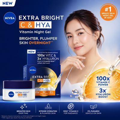 Nivea Extra Bright C&HYA Vitamin Night Gel advertisement with a woman's face and product packaging.