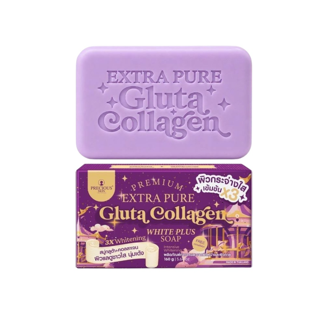 Purple Gluta Collagen soap bar with packaging on a white background