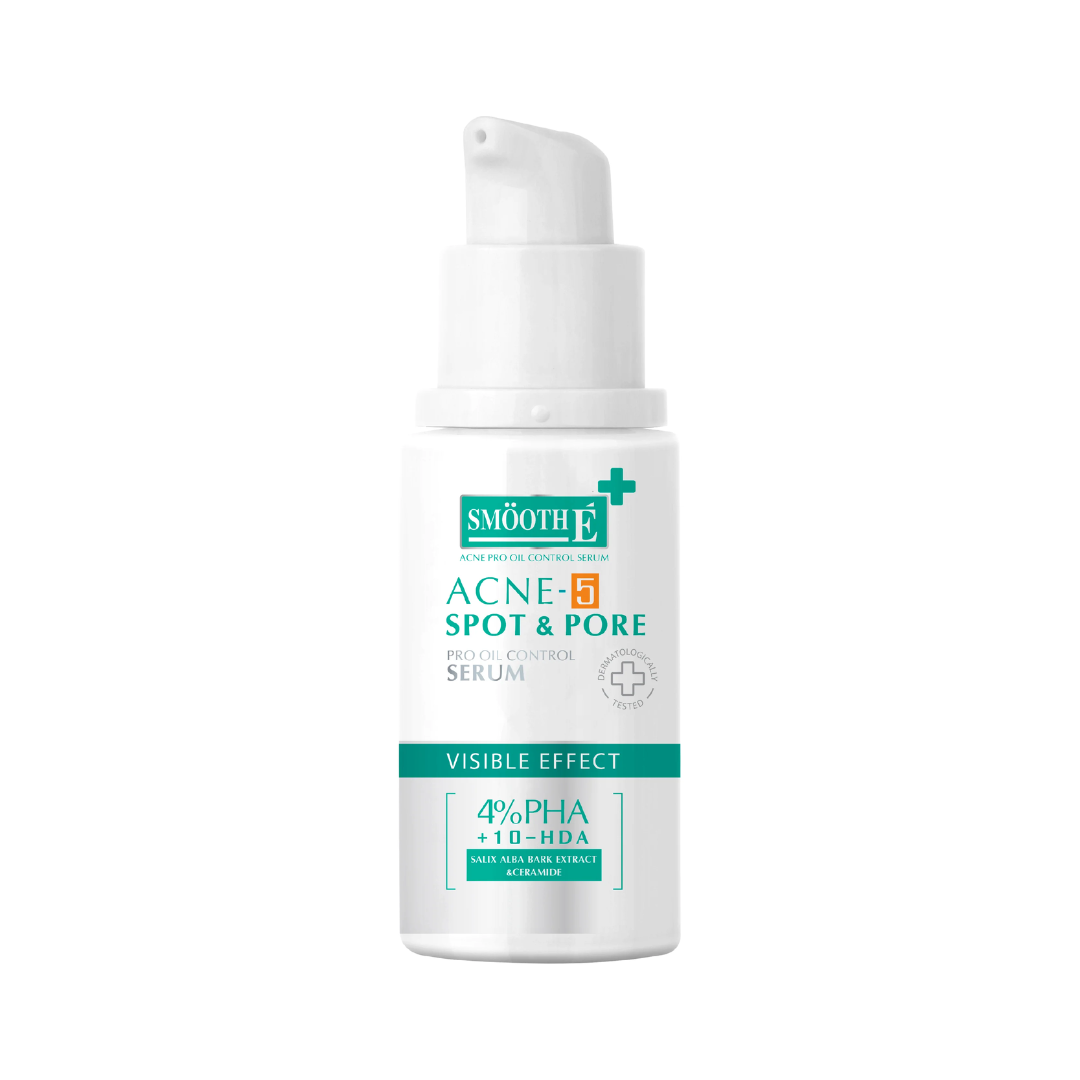 Skincare serum bottle labeled 'Smooth E Acne+ Spot & Pore' on a white background