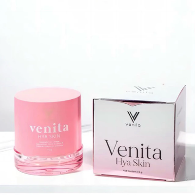 Pink skincare jar and box with 'Venita Hya Skin' branding on a white background showcase