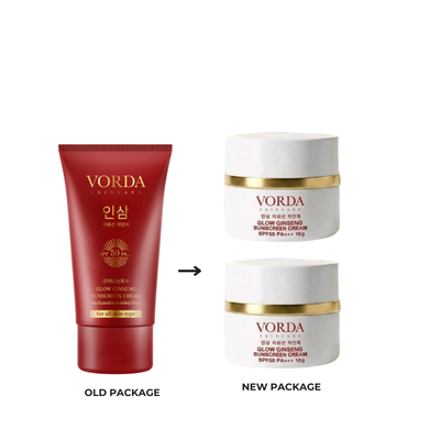 Vorda Skincare product comparison showing the old red tube package on the left and the new white jar packaging on the right, with an arrow between them and labels 'OLD PACKAGE' and 'NEW PACKAGE' on a white background.
