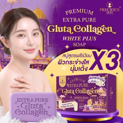 Advertisement for Premium Extra Pure Gluta Collagen White Plus Soap with a woman and product packaging.